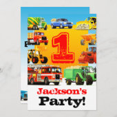 男の赤ちゃん1歳のビッグトラックパーティー 招待状 (正面/裏面)