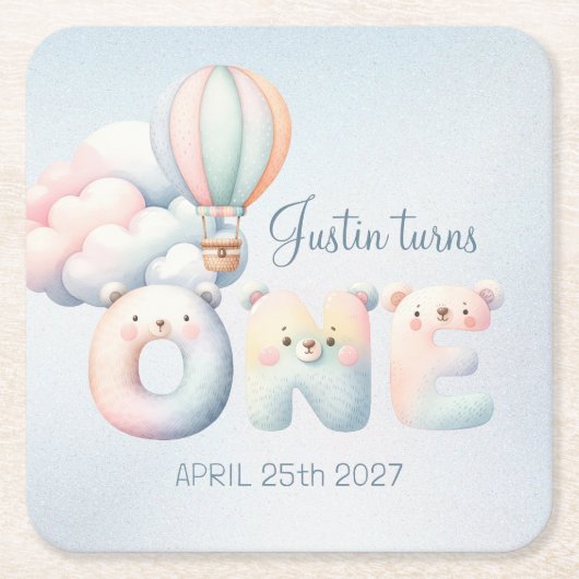 男の赤ちゃん1歳の誕生日テディベア熱気球 スクエアペーパーコースター (正面)