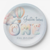 男の赤ちゃん1歳の誕生日テディベア熱気球 ペーパープレート (正面)