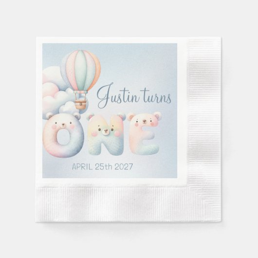 男の赤ちゃん1歳の誕生日テディベア熱気球 縁ありカクテルナプキン (正面)