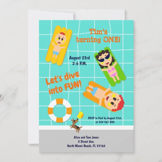 男の赤ちゃん1歳の誕生日プールパーティの招待状 招待状 (正面)