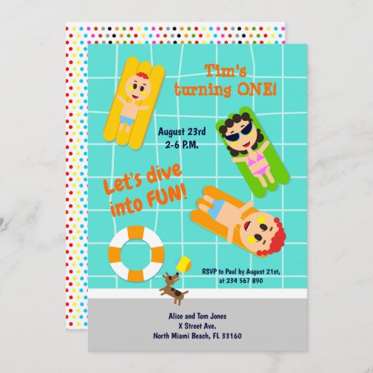 男の赤ちゃん1歳の誕生日プールパーティの招待状 招待状 (正面/裏面)