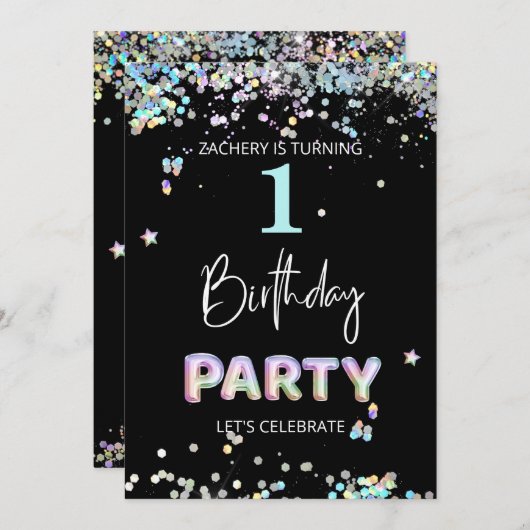 *~*男の赤ちゃん1番目の最初のバルーン誕生日  招待状 (正面/裏面)