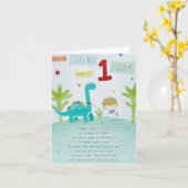 男の赤ちゃん1stバースデーカード – 歩くディノ カード (黄色い花)