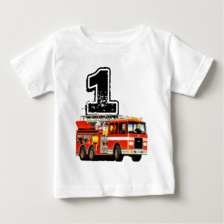 男の赤ちゃん1stバースデーレッドファイアートラック ベビーTシャツ