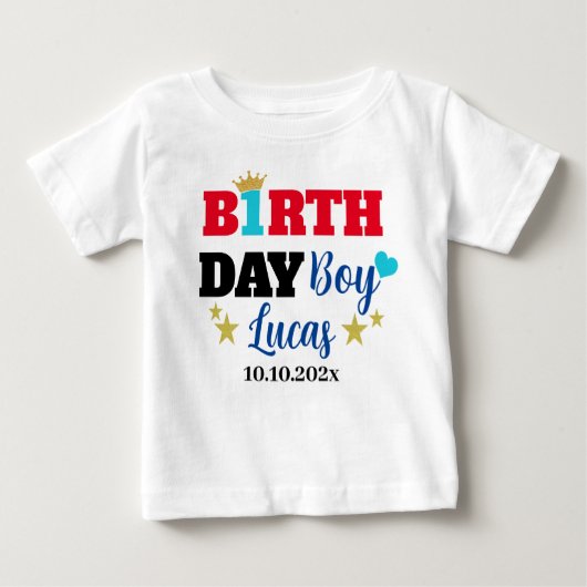 男の赤ちゃん1st誕生日金ゴールドクラウンカスタムホワイト ベビーTシャツ (正面)