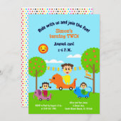男の赤ちゃん2番目の誕生日の動物電気自動車inv 招待状 (正面/裏面)
