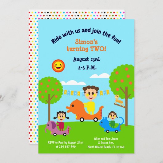 男の赤ちゃん2番目の誕生日の動物電気自動車inv 招待状 (正面/裏面)