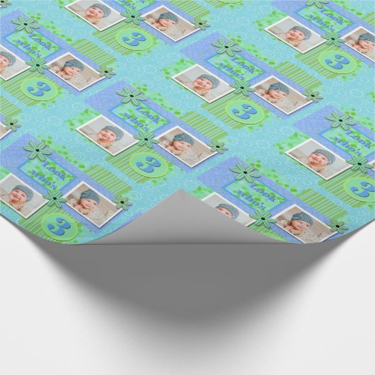 男の赤ちゃん3rdバースデーブルー&グリーンスクラップブック作り ラッピングペーパー (角)