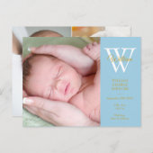 男の赤ちゃん4写真金ゴールドスクリプトモノグラムブルー誕生 案内ポストカード (正面/裏面)