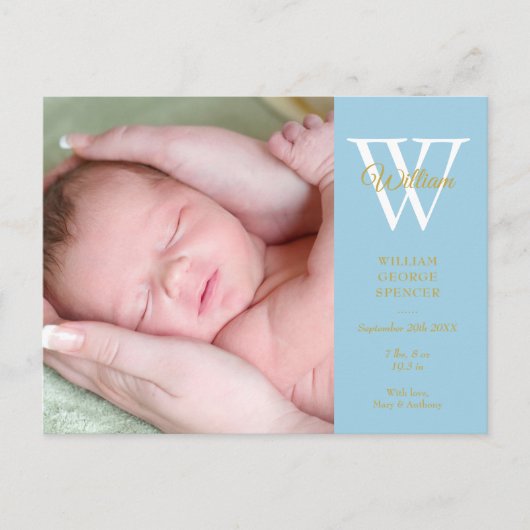 男の赤ちゃん4写真金ゴールドスクリプトモノグラムブルー誕生 案内ポストカード (正面)