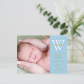 男の赤ちゃん4写真金ゴールドスクリプトモノグラムブルー誕生 案内ポストカード (スタンド正面)