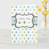 男の赤ちゃん，ようこそ，青，緑，茶色 カード (黄色い花)