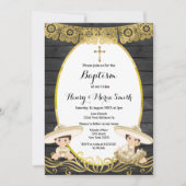 男の赤ちゃん&ガールツインズバプティスマ《キリスト教》洗礼式や命名式金ゴールド 招待状 (正面)