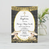 男の赤ちゃん&ガールツインズバプティスマ《キリスト教》洗礼式や命名式金ゴールド 招待状 (スタンド正面)