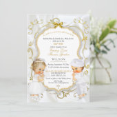 男の赤ちゃん&ガールツインズバプテスマ《キリスト教》洗礼式や命名式金ゴールド 招待状 (スタンド正面)