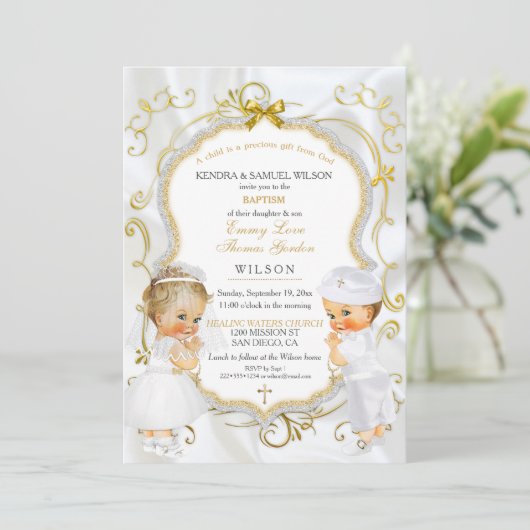 男の赤ちゃん&ガールツインズバプテスマ《キリスト教》洗礼式や命名式金ゴールド 招待状 (スタンド正面)