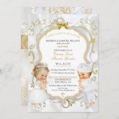 男の赤ちゃん&ガールツインズバプテスマ《キリスト教》洗礼式や命名式金ゴールド 招待状 (正面/裏面)