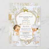 男の赤ちゃん&ガールツインズバプテスマ《キリスト教》洗礼式や命名式金ゴールド 招待状 (正面/裏面)