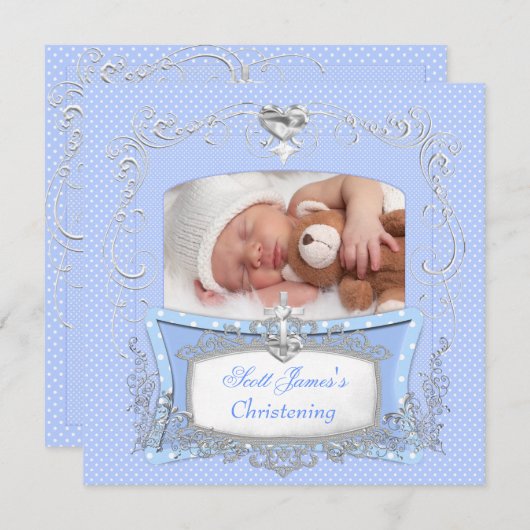 男の赤ちゃん《キリスト教》洗礼式や命名式バプティスブルー水玉模様 案内状 (正面/裏面)