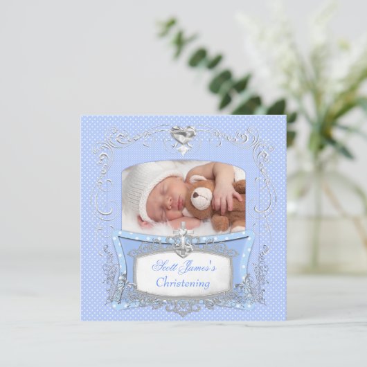 男の赤ちゃん《キリスト教》洗礼式や命名式バプティスブルー水玉模様 案内状 (スタンド正面)