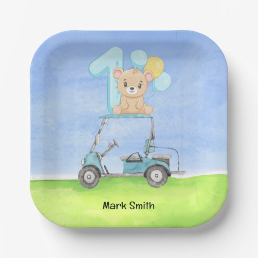 男の赤ちゃん・ゴルファーのためのゴルフ第1の誕生日 ペーパープレート (正面)