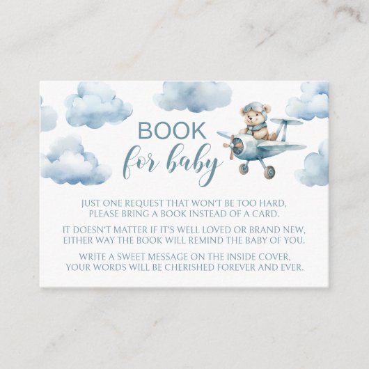 男の赤ちゃん・シャワー用のテディベア飛行機書 エンクロージャーカード (正面)