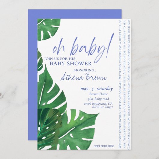 男の赤ちゃん、スクリプト引用文熱帯フローラ赤ちゃんシャワー 招待状 (正面/裏面)