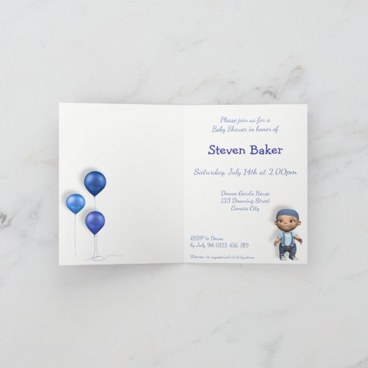 男の赤ちゃん&ブルーバルーン赤ちゃんシャワーグリーティングカード 招待状 (内部)