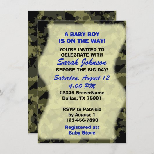 男の赤ちゃん-迷彩柄をテーマにしたベビーシャワー招待状 招待状 (正面/裏面)