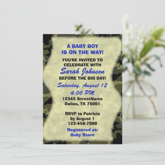 男の赤ちゃん-迷彩柄をテーマにしたベビーシャワー招待状 招待状 (スタンド正面)