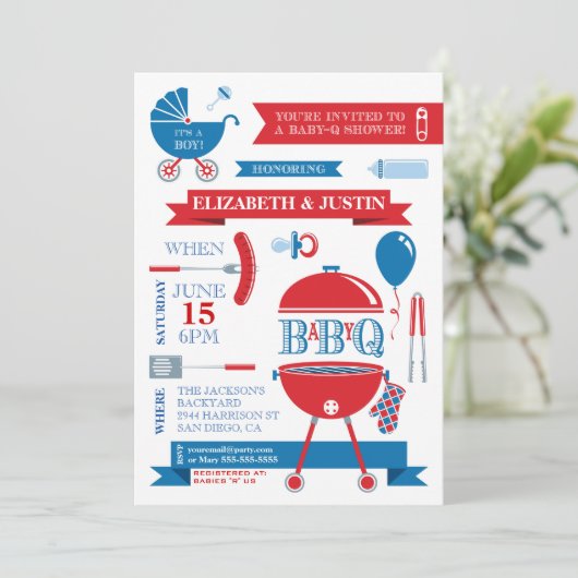 男の赤ちゃん- BBQモダンシャワー招待状 招待状 (スタンド正面)