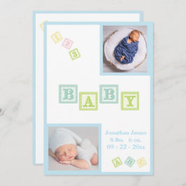 男の赤ちゃんABCブロックブルー生まれたばかりのフォトベビー 案内状