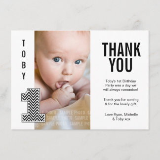 男の赤ちゃんChevron 1st Birthday Thank You Photo Card サンキューカード