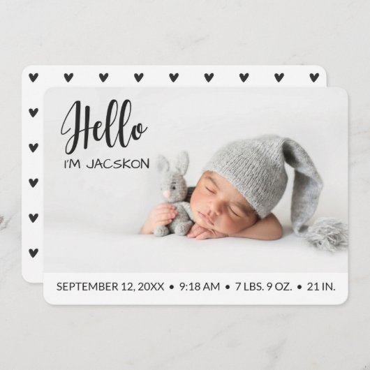男の赤ちゃんHelloオーバーレイ写真ミニマルモダンリスト 案内状 (正面/裏面)