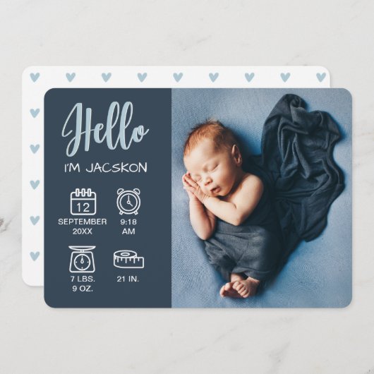 男の赤ちゃんhello overlayフォト&誕生統計アイコン 案内状 (正面/裏面)