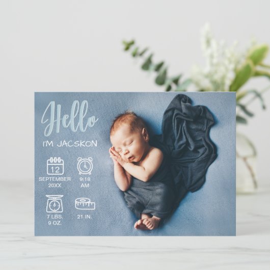 男の赤ちゃんhello overlayフォト&誕生統計アイコン 案内状 (スタンド正面)