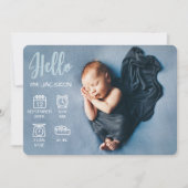 男の赤ちゃんhello overlayフォト&誕生統計アイコン 案内状 (正面)