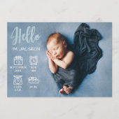 男の赤ちゃんhello overlayフォト&誕生統計アイコン 案内状 (正面)