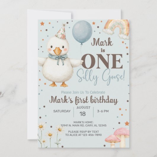 男の間抜け子のガチョウ最初の誕生日招待状、ガチョウ。 招待状 (正面)
