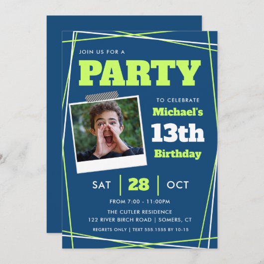 男の10代の子の誕生日、13または任意の年齢、青い緑の写真 招待状 (正面/裏面)