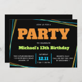 男の10代の子誕生日13または任意の年齢、青い緑のオレンジ 招待状 (正面/裏面)