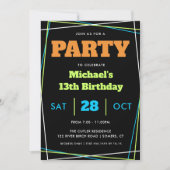 男の10代の子誕生日、13または任意の年齢の青い緑のオレンジ 招待状 (正面)