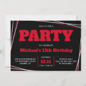 男の10代の子誕生日、13または任意の年齢、赤い黒 招待状 (正面)