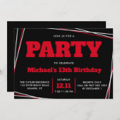 男の10代の子誕生日、13または任意の年齢、赤い黒 招待状 (正面/裏面)