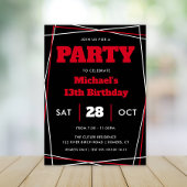 男の10代の子誕生日、13または任意の年齢、赤い黒 招待状
