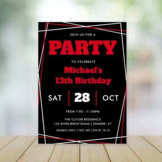 男の10代の子誕生日、13または任意の年齢、赤い黒 招待状