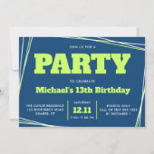男の10代の子誕生日、13または任意の年齢、青い緑 招待状 (正面)