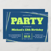 男の10代の子誕生日、13または任意の年齢、青い緑 招待状 (正面/裏面)