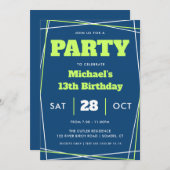 男の10代の子誕生日、13または任意の年齢、青い緑 招待状 (正面/裏面)
